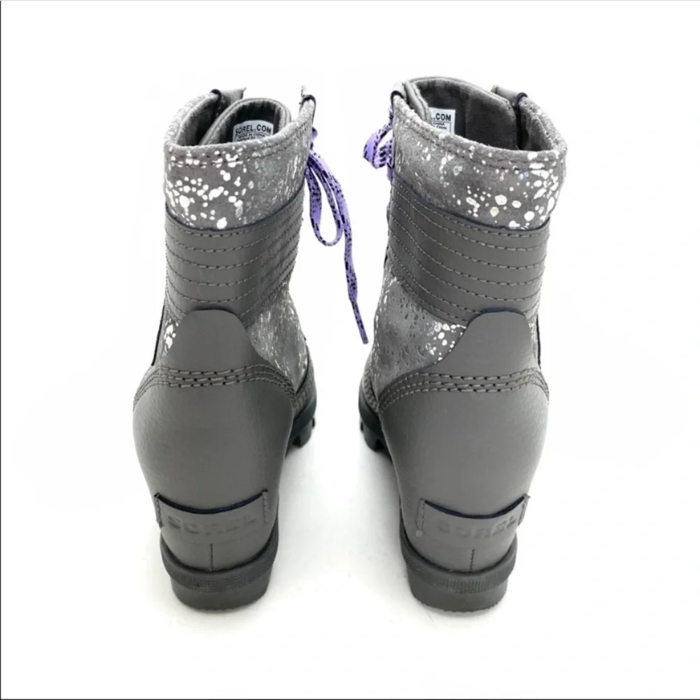SOREL Lexie Leather Wedge Lace up Boots Metallic Silver Gray Style 182247105